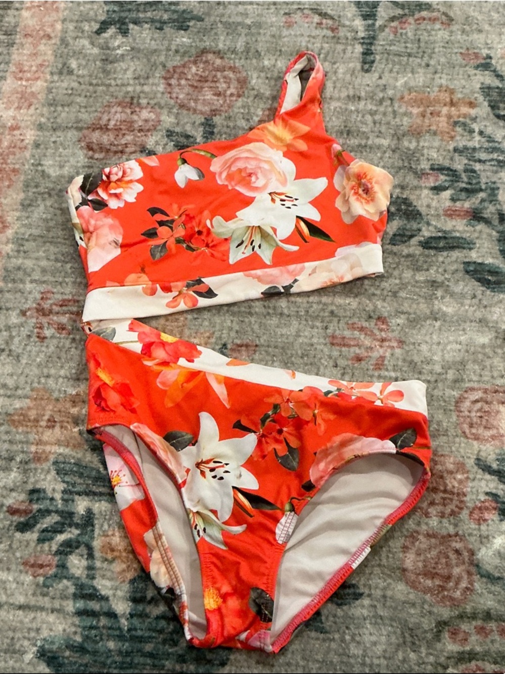 Girls Floral Orange Two-Piece Swim Set